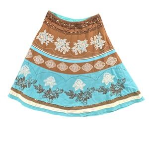 Basil & Maude A-Line Midi Skirt Sequin Embellished Brown Blue Womens 6 Boho Chic